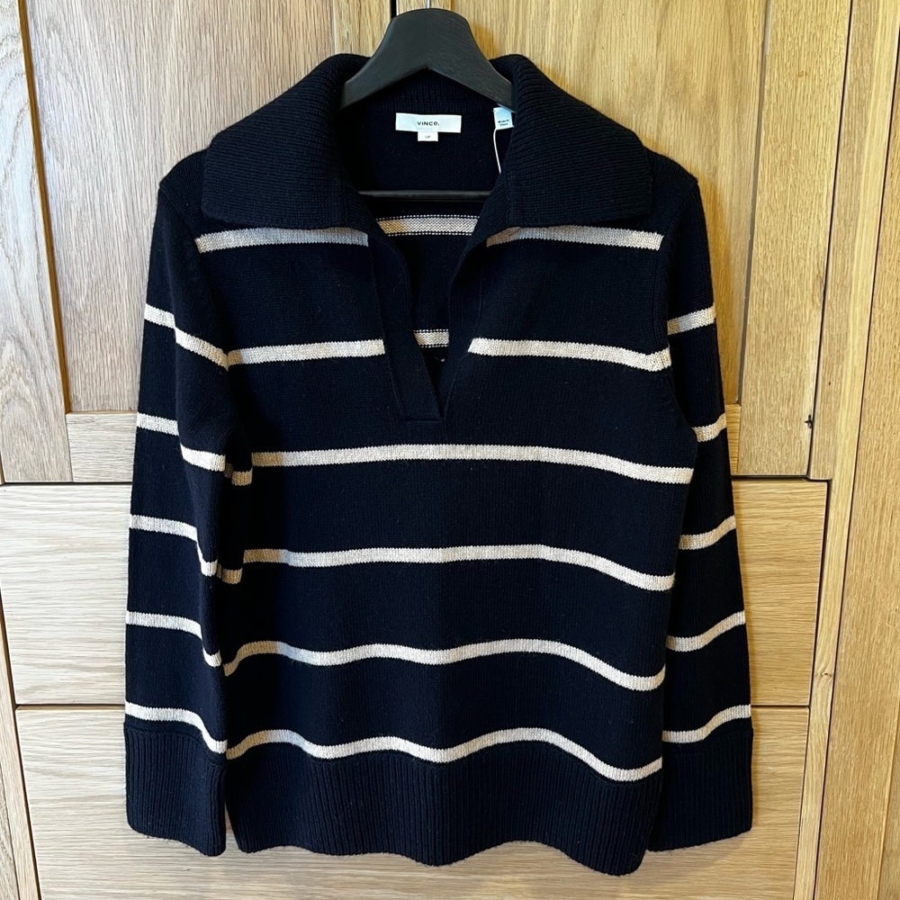 Vince Johnny Collar Striped Sweater Black Cream Size Small NWT Wool Cashmere